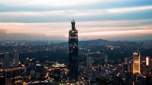 Preview wallpaper night city, tower, buildings, lights, dusk