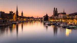 Preview wallpaper night city, tower, chapel, architecture, water