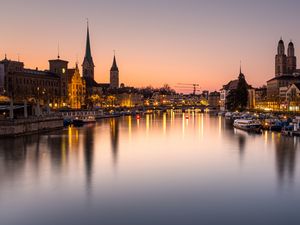 Preview wallpaper night city, tower, chapel, architecture, water