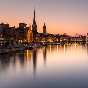 Preview wallpaper night city, tower, chapel, architecture, water