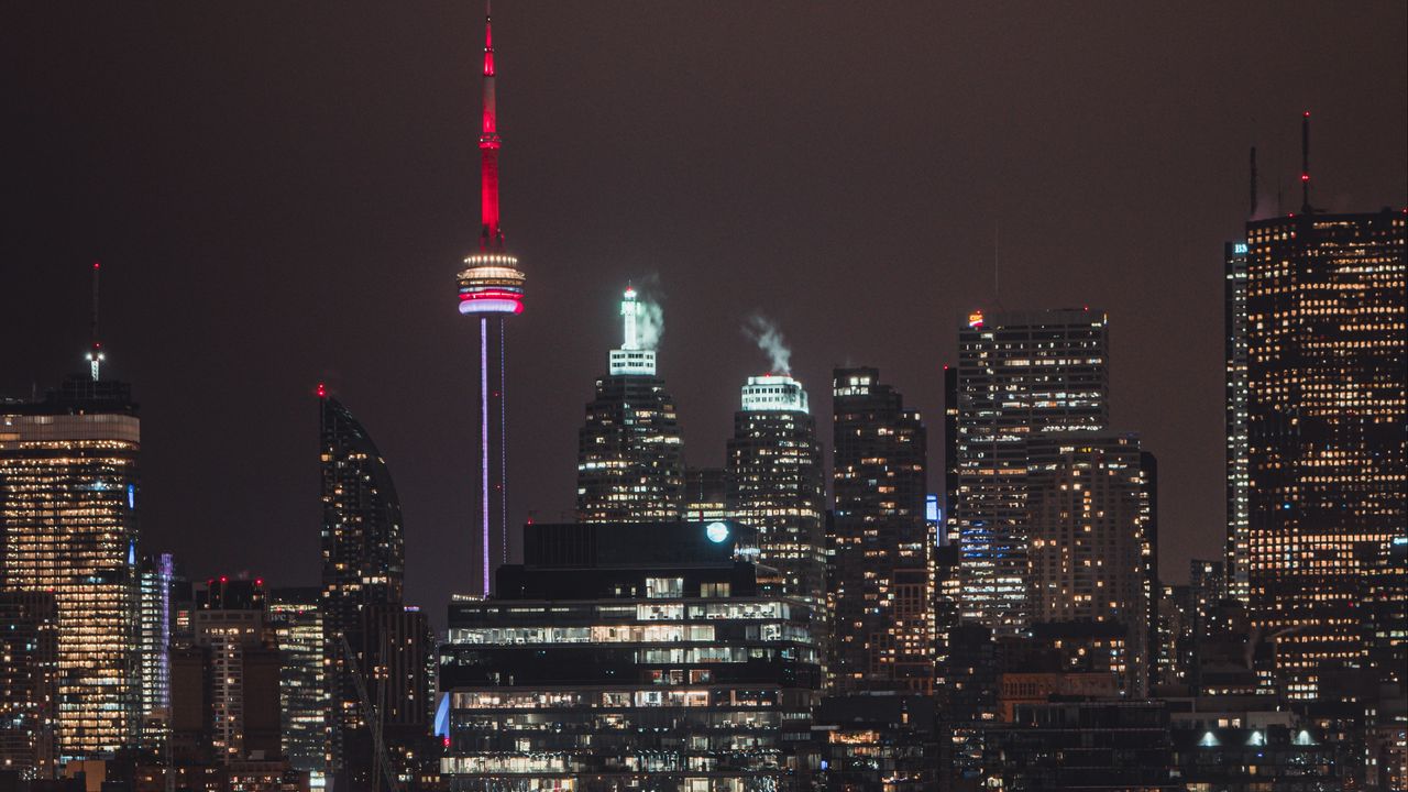 Wallpaper night city, tower, glow, road