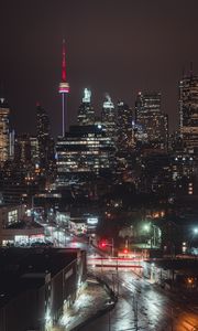Preview wallpaper night city, tower, glow, road