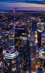 Preview wallpaper night city, tower, lights, neon, aerial view