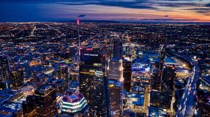 Preview wallpaper night city, tower, lights, neon, aerial view