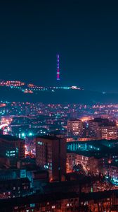 Preview wallpaper night city, tower, lights, buildings, glow, night