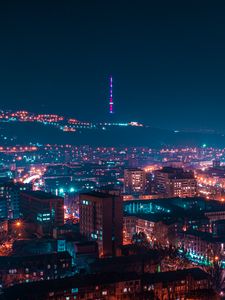 Preview wallpaper night city, tower, lights, buildings, glow, night