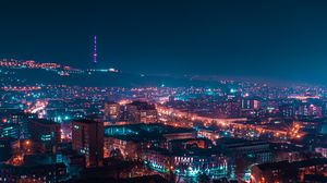 Preview wallpaper night city, tower, lights, buildings, glow, night