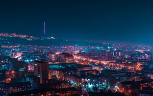 Preview wallpaper night city, tower, lights, buildings, glow, night