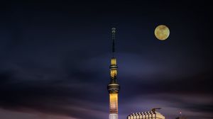 Preview wallpaper night city, tower, moon