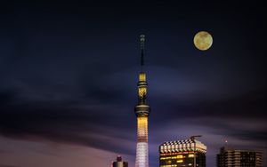 Preview wallpaper night city, tower, moon