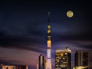 Preview wallpaper night city, tower, moon