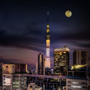 Preview wallpaper night city, tower, moon