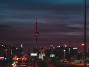 Preview wallpaper night city, tower, neon, car