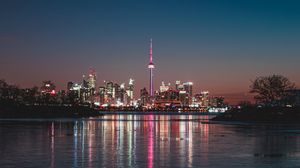 Preview wallpaper night city, tower, water