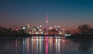 Preview wallpaper night city, tower, water