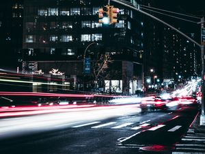 Preview wallpaper night city, traffic, city lights, road, long exposure