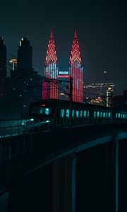 Preview wallpaper night city, train, buildings, architecture, backlight