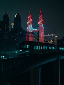 Preview wallpaper night city, train, buildings, architecture, backlight