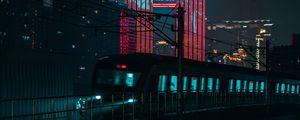 Preview wallpaper night city, train, buildings, architecture, backlight