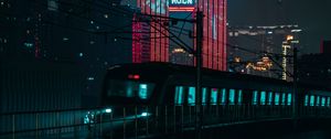 Preview wallpaper night city, train, buildings, architecture, backlight