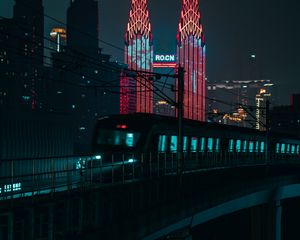 Preview wallpaper night city, train, buildings, architecture, backlight