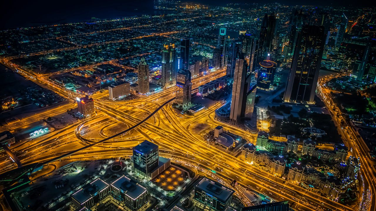 Wallpaper night city, view from above, intersection, roads, skyscrapers, dubai