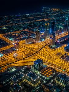 Preview wallpaper night city, view from above, intersection, roads, skyscrapers, dubai