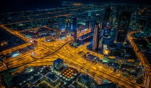 Preview wallpaper night city, view from above, intersection, roads, skyscrapers, dubai