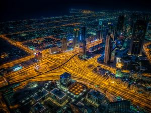 Preview wallpaper night city, view from above, intersection, roads, skyscrapers, dubai