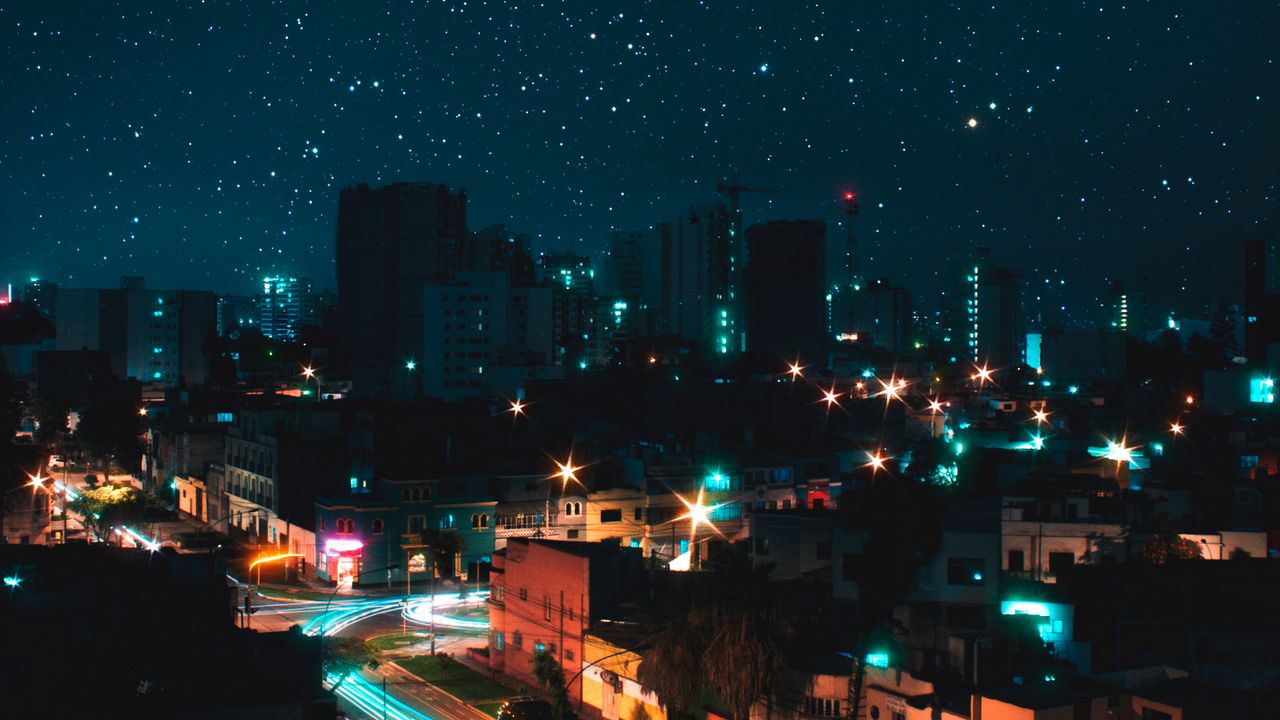 Wallpaper night city, view from above, starry sky, buildings