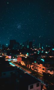 Preview wallpaper night city, view from above, starry sky, buildings