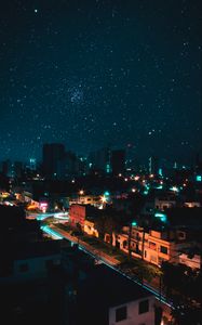 Preview wallpaper night city, view from above, starry sky, buildings