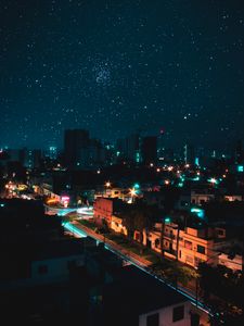 Preview wallpaper night city, view from above, starry sky, buildings