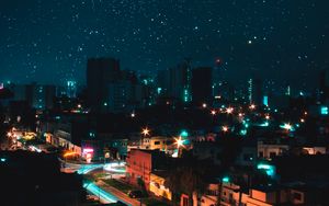 Preview wallpaper night city, view from above, starry sky, buildings