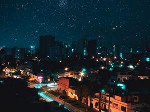 Preview wallpaper night city, view from above, starry sky, buildings