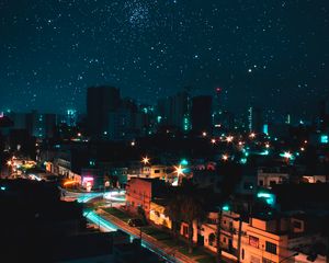 Preview wallpaper night city, view from above, starry sky, buildings