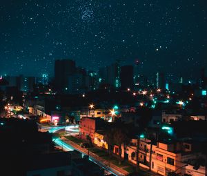 Preview wallpaper night city, view from above, starry sky, buildings