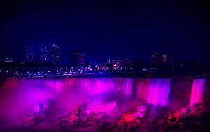 Preview wallpaper night city, waterfall, lights, stones, architecture, buildings