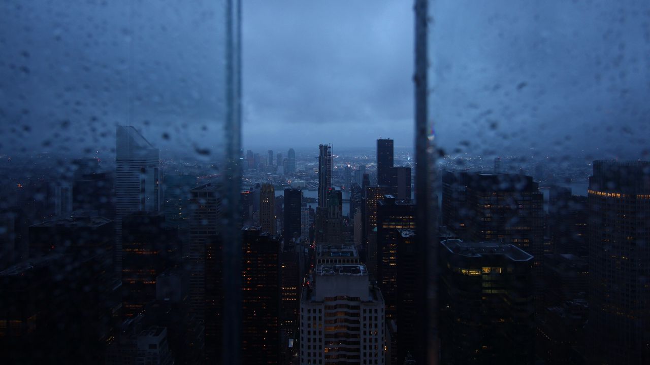 Wallpaper night city, window, rain, skyscrapers, aerial view