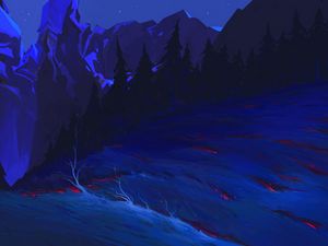 Preview wallpaper night, driftwood, mountains, trees, art