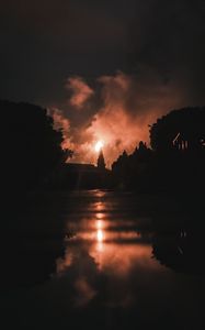 Preview wallpaper night, fire, smoke, bright, reflection