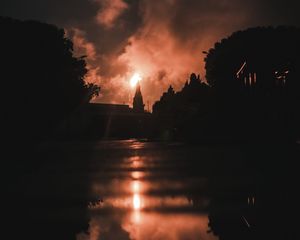 Preview wallpaper night, fire, smoke, bright, reflection