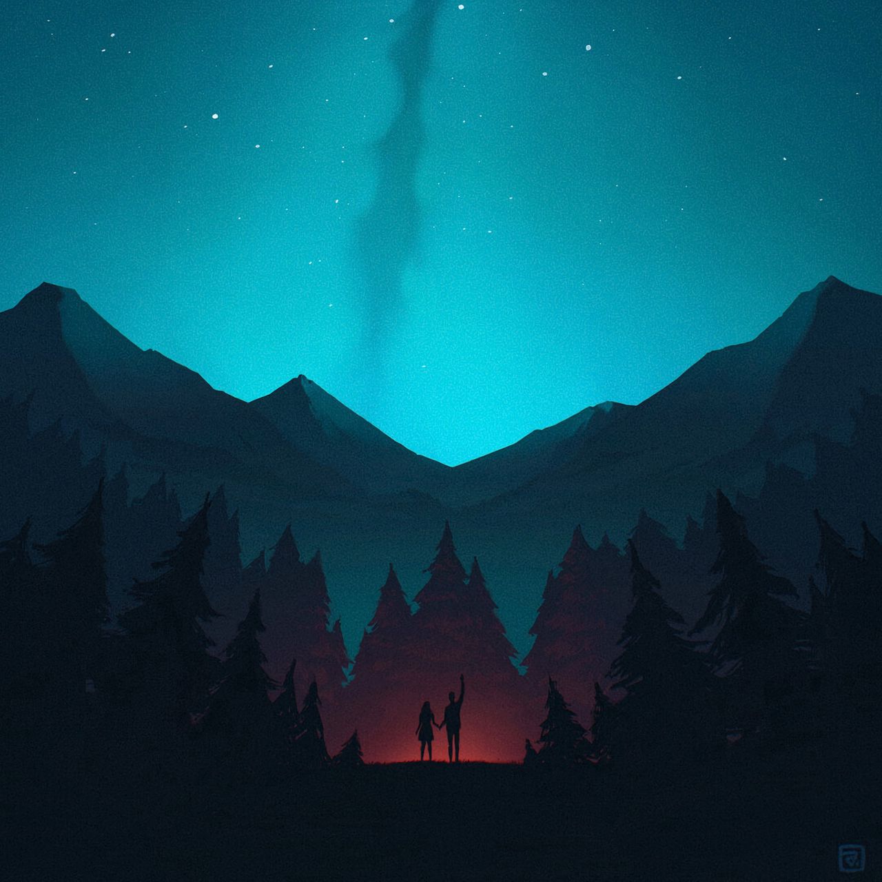 1280x1280 Wallpaper night, forest, mountains, starry sky, silhouettes, art