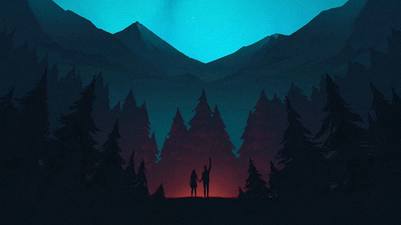 1366x768 Wallpaper night, forest, mountains, starry sky, silhouettes, art