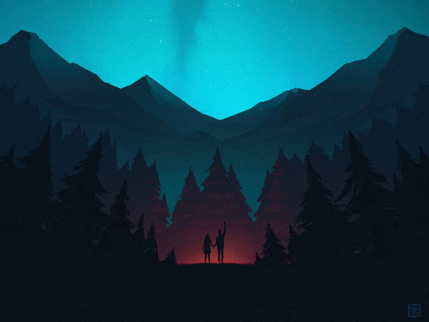 1400x1050 Wallpaper night, forest, mountains, starry sky, silhouettes, art
