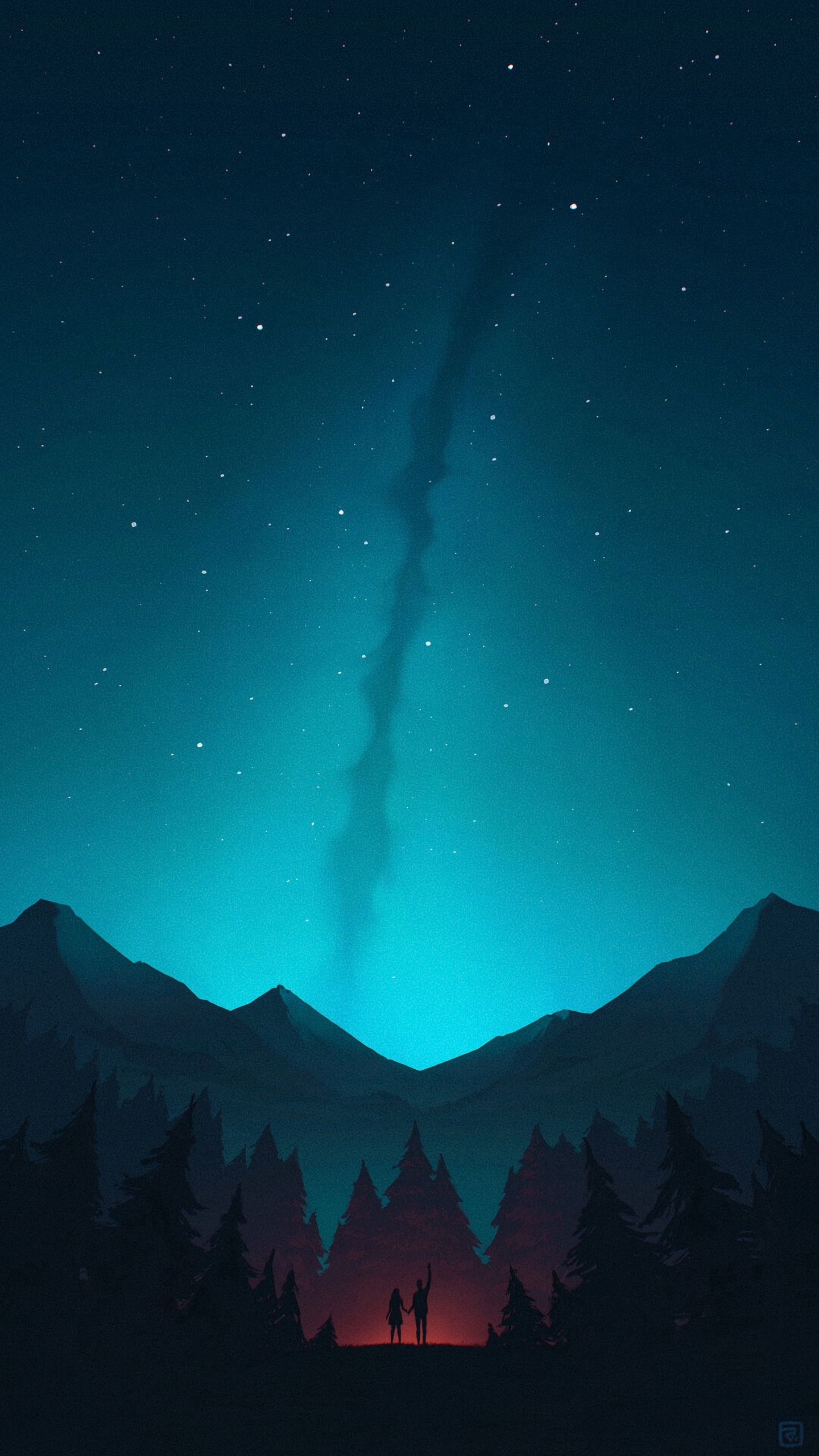 1440x2560 Wallpaper night, forest, mountains, starry sky, silhouettes, art
