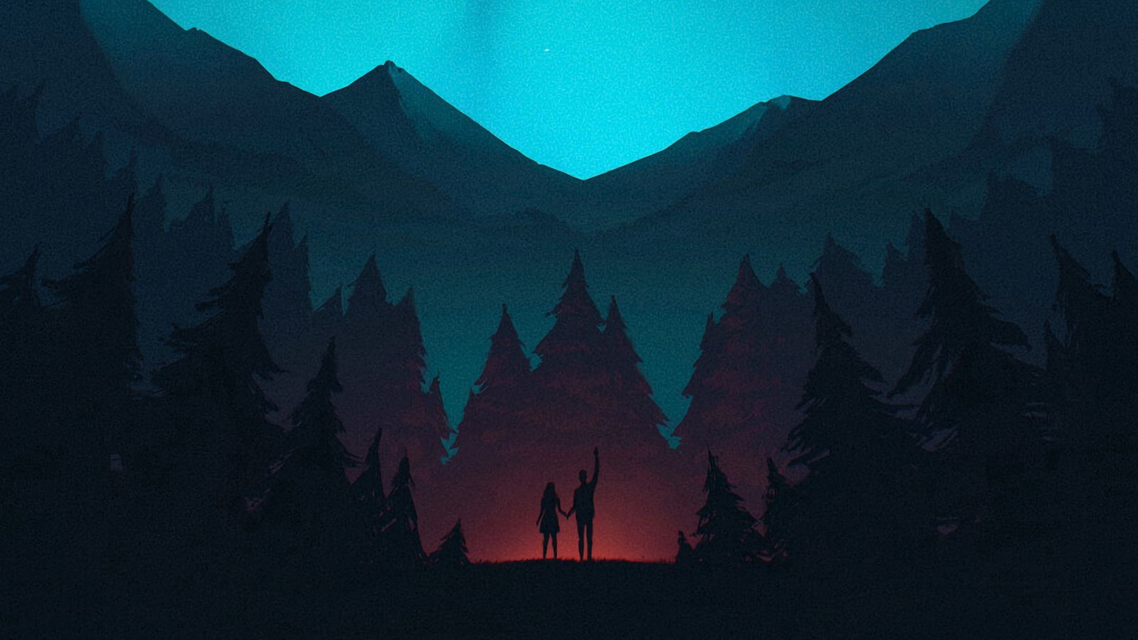 1600x900 Wallpaper night, forest, mountains, starry sky, silhouettes, art