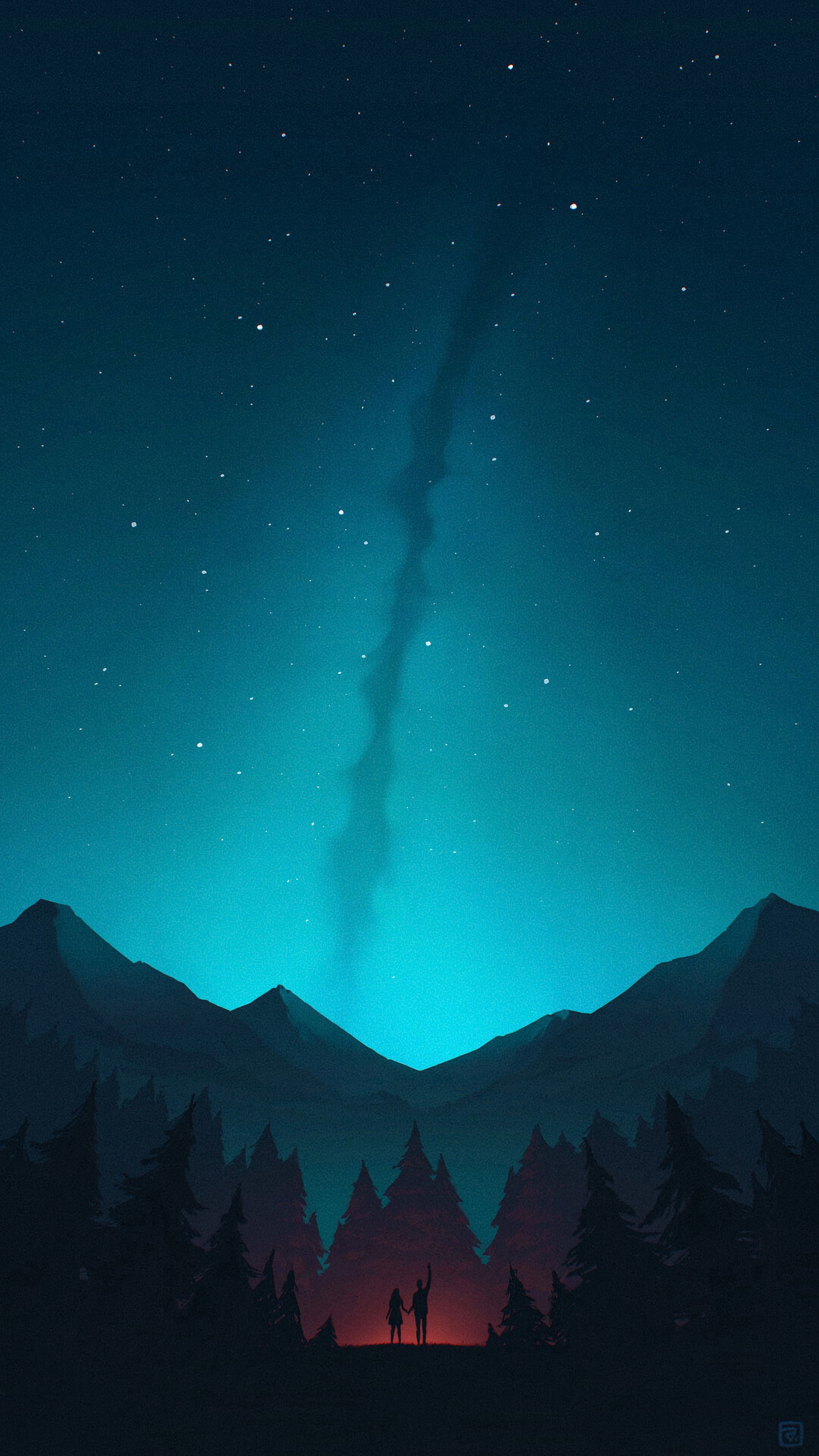 2160x3840 Wallpaper night, forest, mountains, starry sky, silhouettes, art