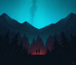 Preview wallpaper night, forest, mountains, starry sky, silhouettes, art