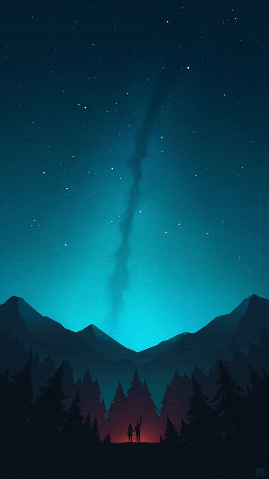 540x960 Wallpaper night, forest, mountains, starry sky, silhouettes, art